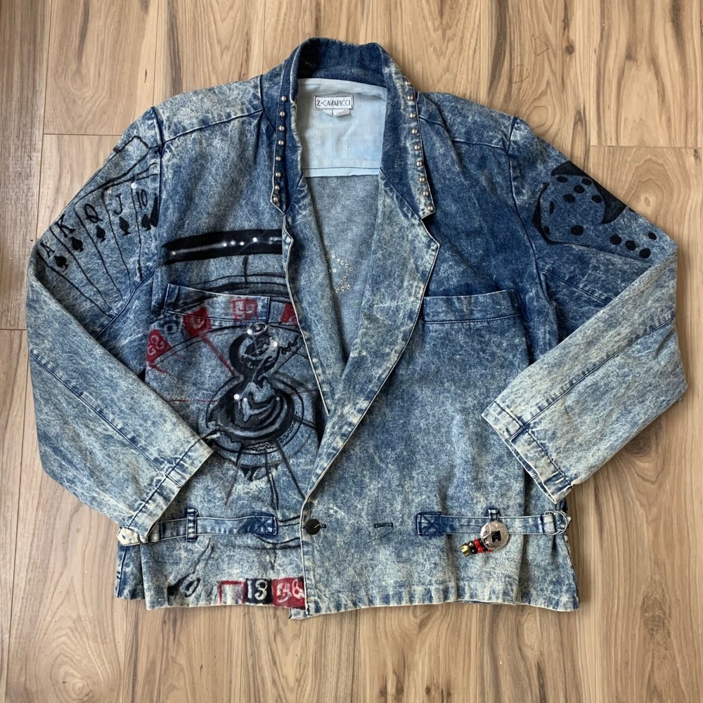 Vintage 1988 Z Cavaricci Acid Wash Denim Jacket Air Brush Painted Las Vegas Sz L